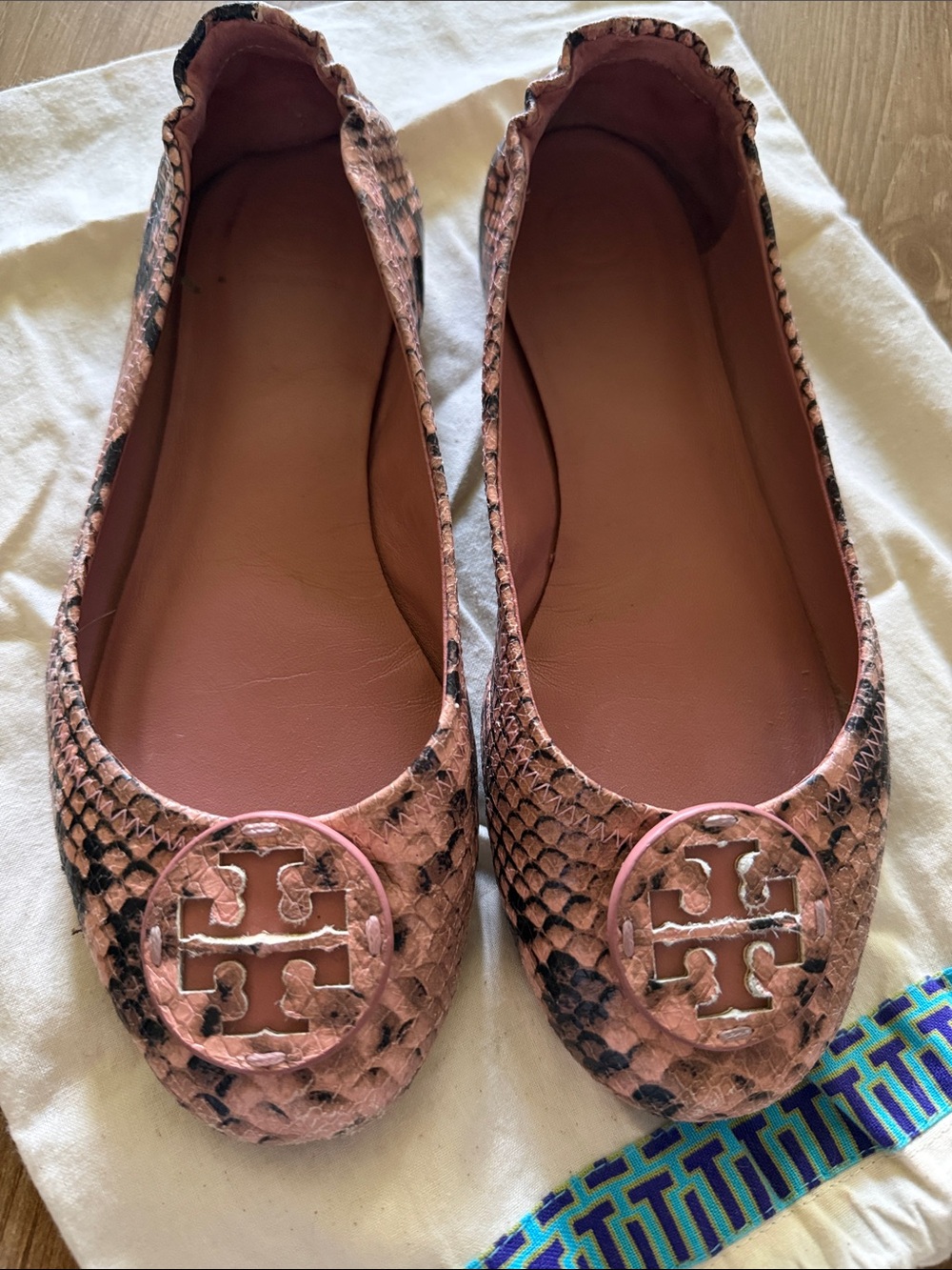 Tory Burch Pink Snake-Embossed Logo Ballet Flats